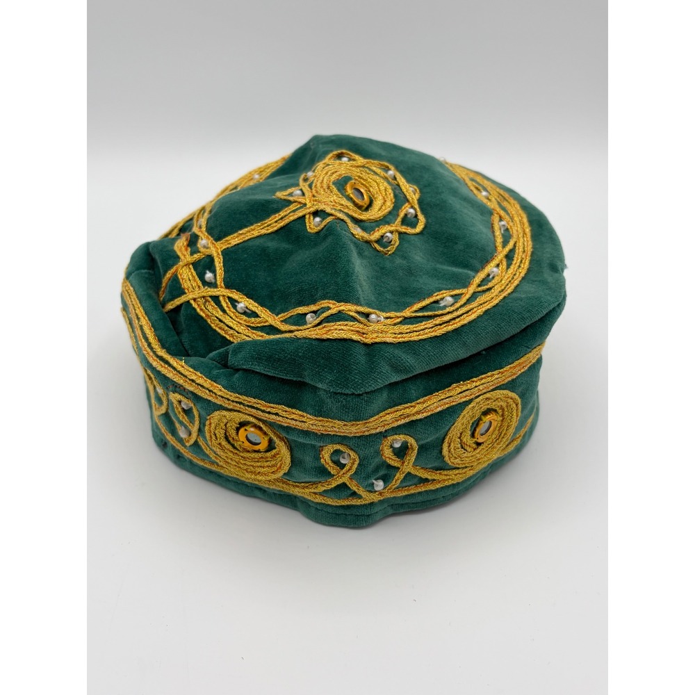 Vintage Green Velvet Pillbox Hat Gold Embroidery Pearl Mirror Detail Ethnic Boho